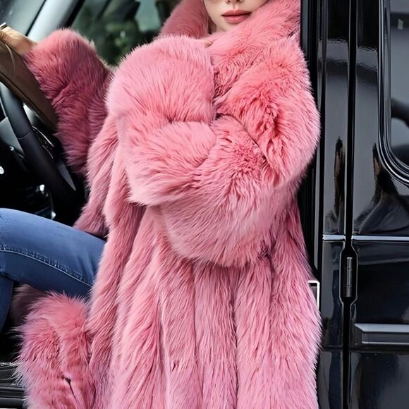 Pink Womens Luxurious Waterfall Neckline Flowy Faux Fur Long Jacket Coat - Picture 11 of 13